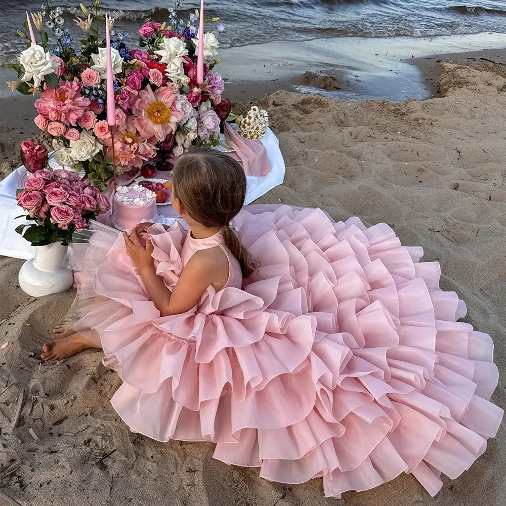 Pink Beach Flower Girl Dress Halter Tiered Pleated Floor Length Sleeveless Kids Lovely Birthday Party Bridesmaid Prom Gowns 2025