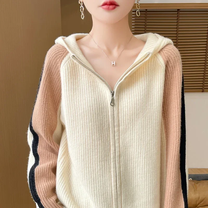 Autumn And Winter Hooded Thick Cardigan 100% Sweater Hoodie Zipper Casual Color Combination Loose Knit Cardigan Coat