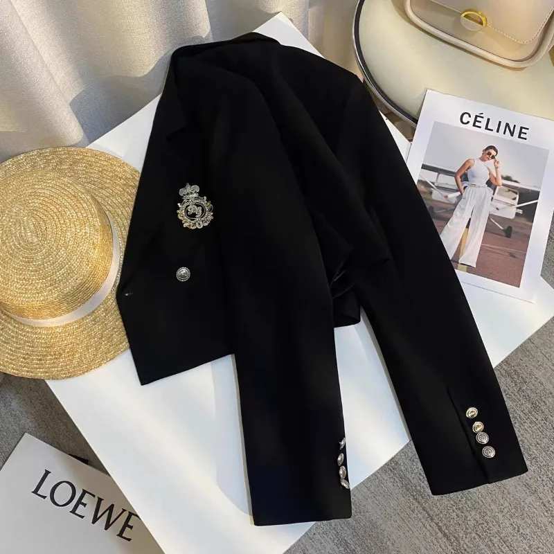 Women's Black Blazer Short Tops College Suit Outerwear Design Spring Autumn New Coat Trendy Street Suit Long-sleeved Tops