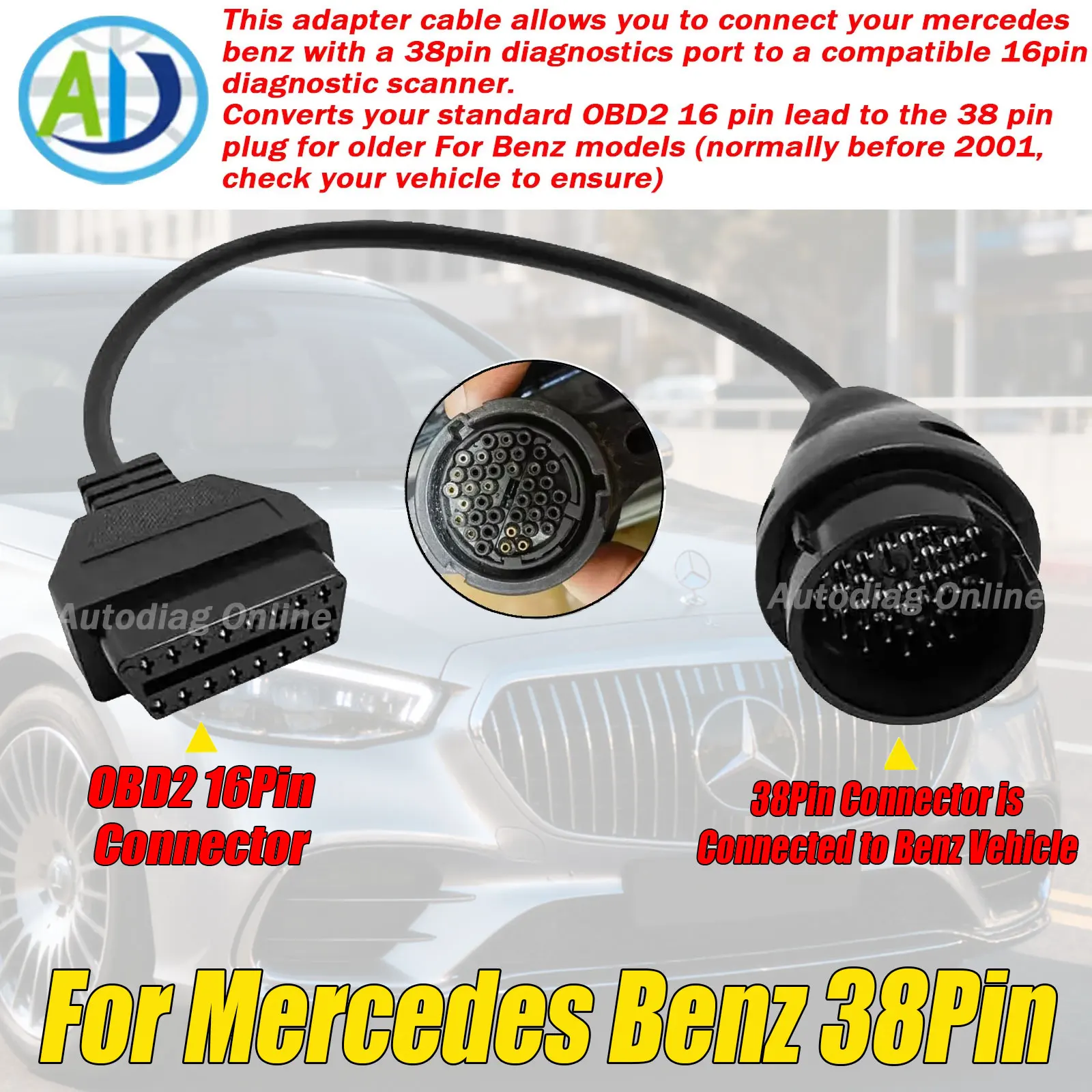 

For Mercedes Benz 38pin to 16pin OBD2 Diagnostic Adapter Connector Scanner Cable OBD2 Diagnostic Adapter Cable for Benz 38Pin