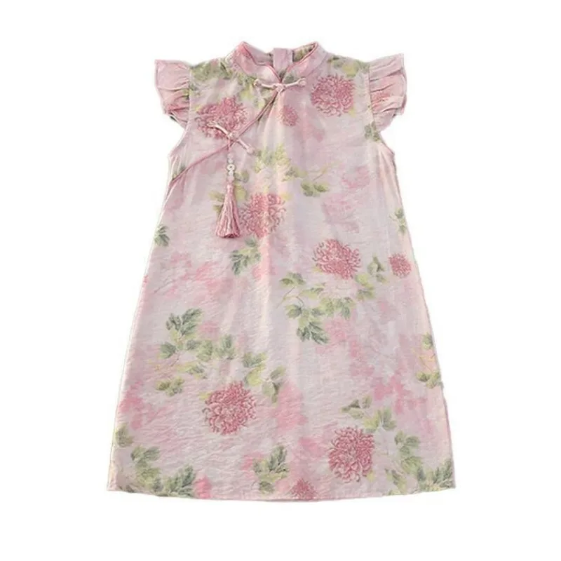 2025 여름 새로운 Vinatge 중국어 Qipao 꽃 소녀 드레스 당나라 정장 아동 의류 키즈 Hanfu 꽃 인쇄 Cheongsam for Girls 4