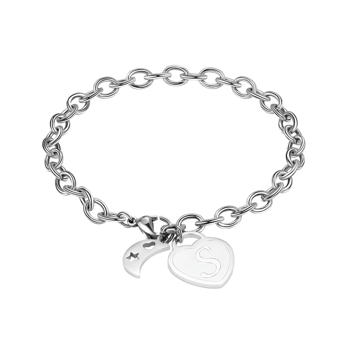 

1Pcs Stainless Steel Letter Bracelet Moon Heart Charm Alphabet Dainty Fashion Bracelet Perfect Gift for Women Casual Wear