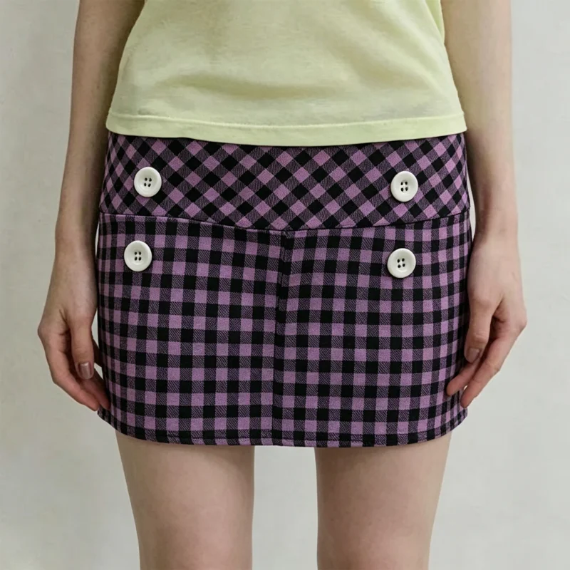 Women Pink Black Plaid Mini Skirt Four Button Decor Low Waist Bodycon Short Skirt Y2K Gothic Punk Streetwear Slim Fit Club Micro