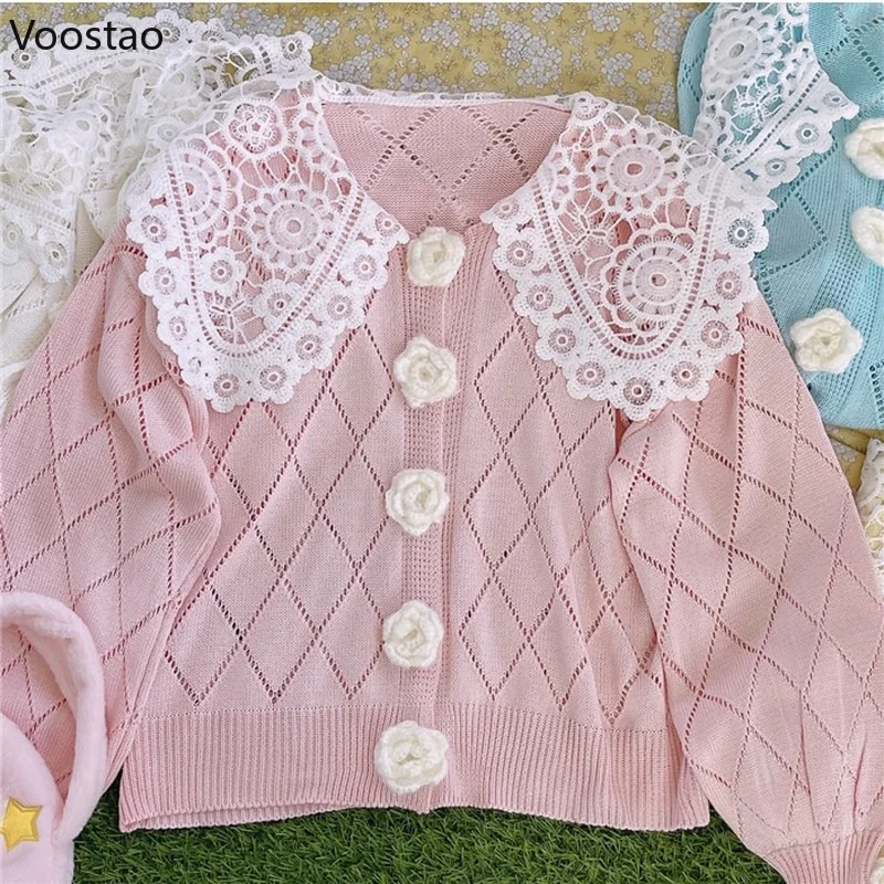 Dolce stile Lolita Cardigan lavorato a maglia donna Kawaii pizzo colletto Peter Pan bottone floreale maglione allentato cappotto ragazze Harajuku