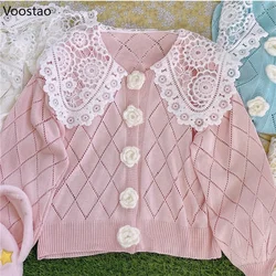 Dolce stile Lolita Cardigan lavorato a maglia donna Kawaii pizzo colletto Peter Pan bottone floreale maglione allentato cappotto ragazze Harajuku maglieria