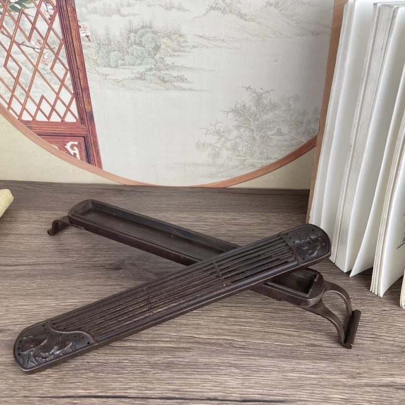Antique Bronze Guqin Lotus Leaf Incense Burner Ornament, New Chinese Style Decoration for Study, Living , Home, Tea Room