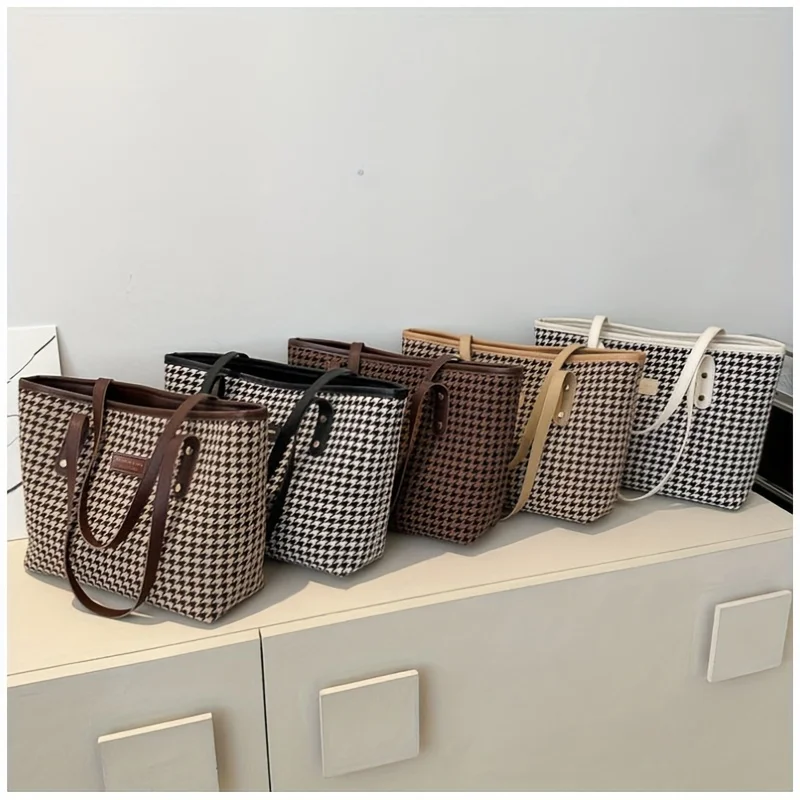 Lässige Tragetasche mit Hahnentrittmuster, Große Schultertasche mit Braunen Lederriemen, Vielseitig für Alltag und Ausflüge – Detail 14