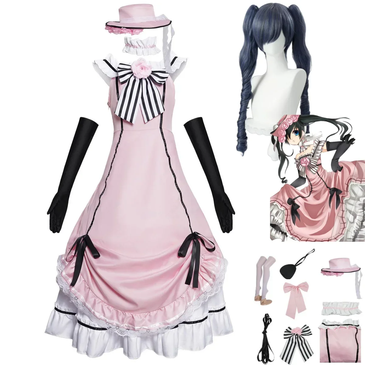 أنيمي أسود بتلر سيل فانتومهايف ابتسامة زي تنكري للنساء ، فستان سهرة روبن ، فستان لوليتا ، شعر مستعار ، حفلة جميلة ، بدلة هالوين