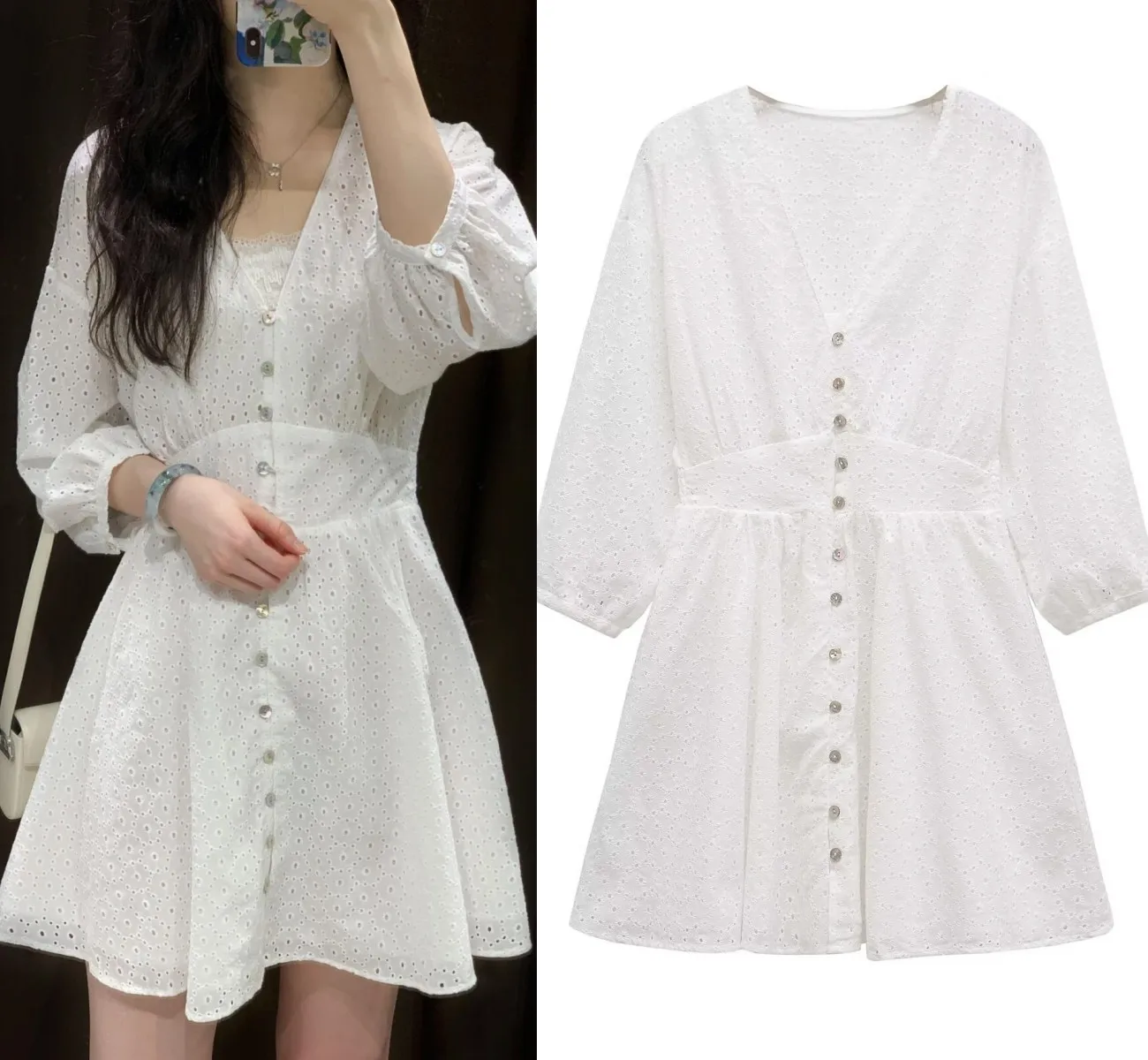 LIBIELIY Primavera Feminina Elegante Moda Estilo de Férias Algodão Recorte Bordado Cintura Com Decote Em V Mini Vestido