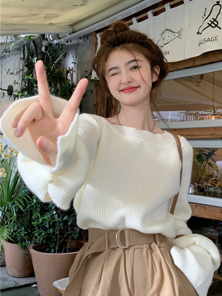 

Мягкий уютный женский вязаный свитер с полосками, свободный базовый слой, чистый цвет, осень-зима, Новое поступление, удобный круглый...