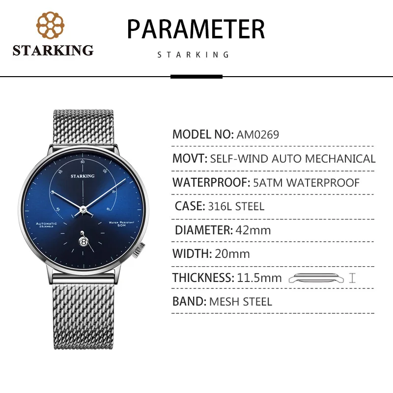 STARKING 2024 New Men\'s Watch Luxury Men\'s Automatic Watch Mechanical 42MM Watch Stainless Steel Mesh Strap Business Watch