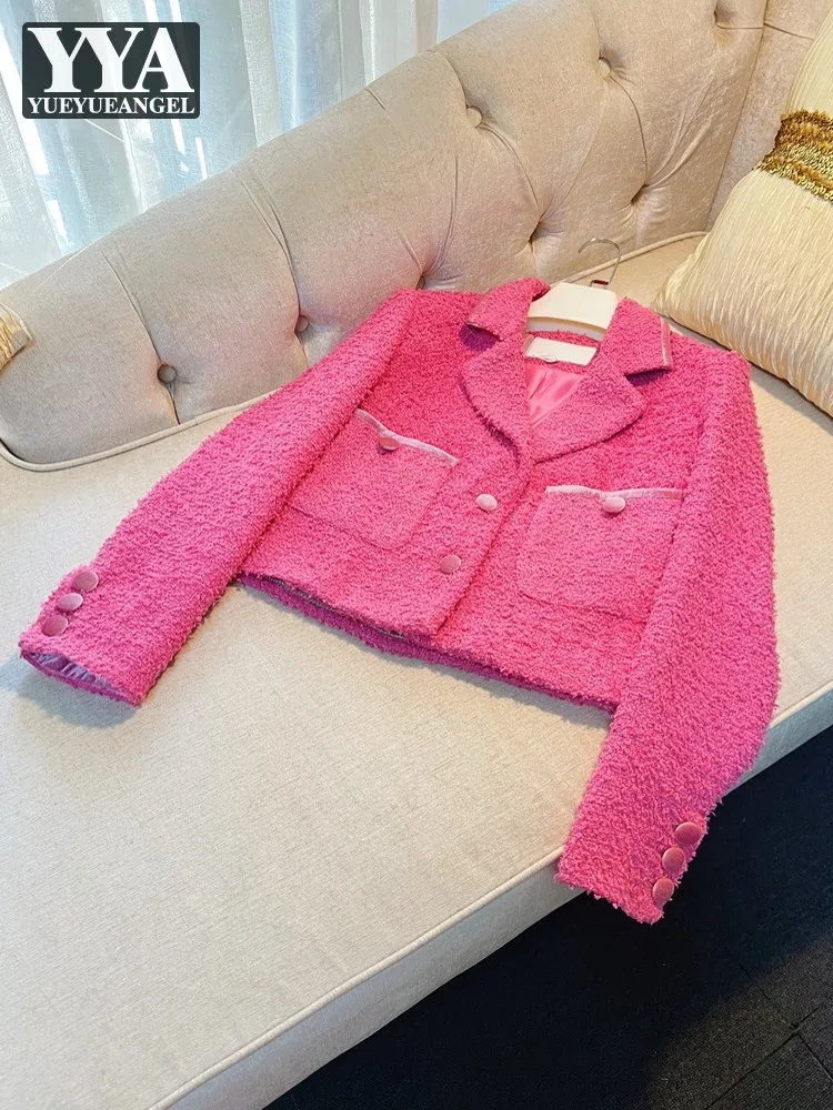 Autumn Elegant Women Short Style Rose Tweed Jacket Party Outwear Coat Single Breasted Lapel Collar Office Ladies Work Jackets