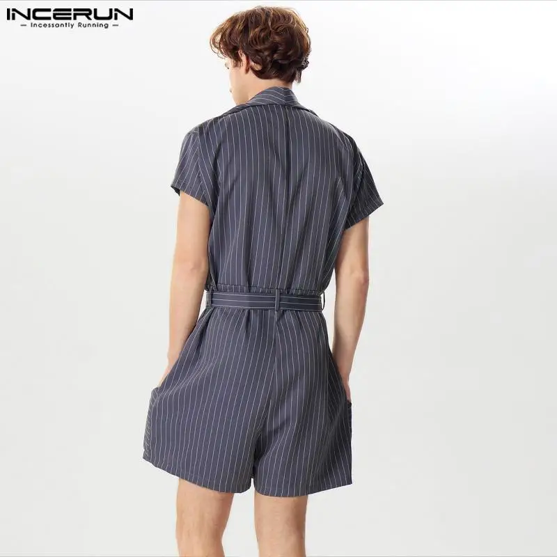 INCERUN Men Striped Rompers O-neck Short Sleeve Streetwear Summer Casual Male Shorts Jumpsuits With Belt 2024 Fashion Overalls