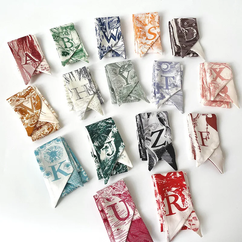 26 ตัวอักษรรุ่น Sketch สไตล์ผ้าพันคอยาวผ้าไหมขนาดเล็กผมวงสตรีสองด้านทั้งหมด