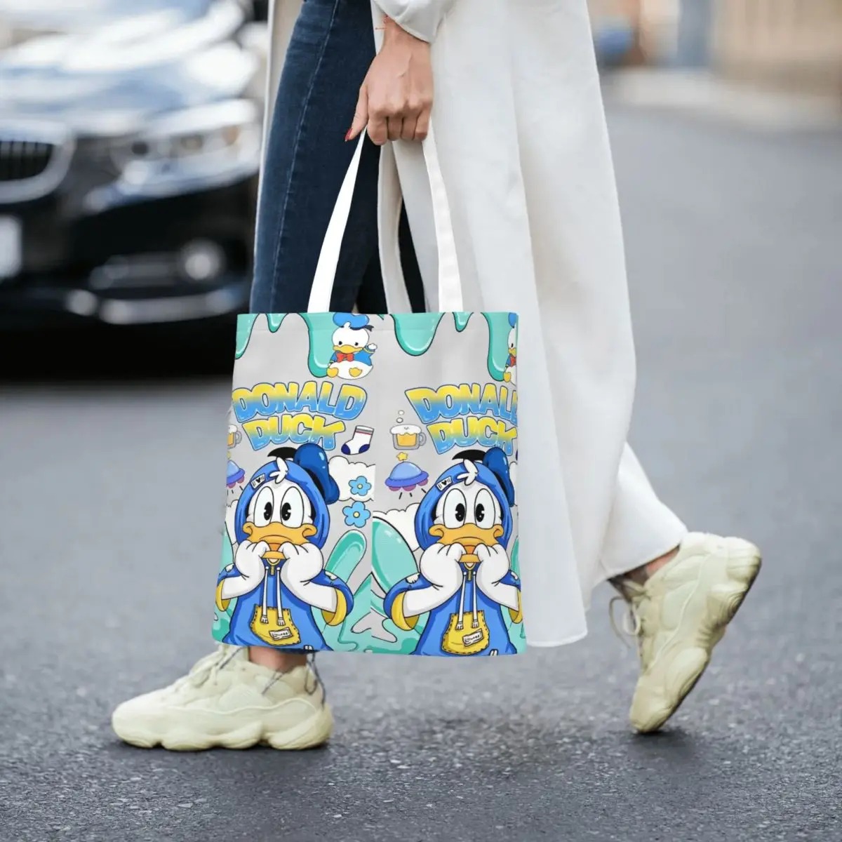 Donald Duck Grumpy ini adalah tas jinjing kanvas wajah bahagia saya tas belanja yang dapat digunakan kembali untuk wanita