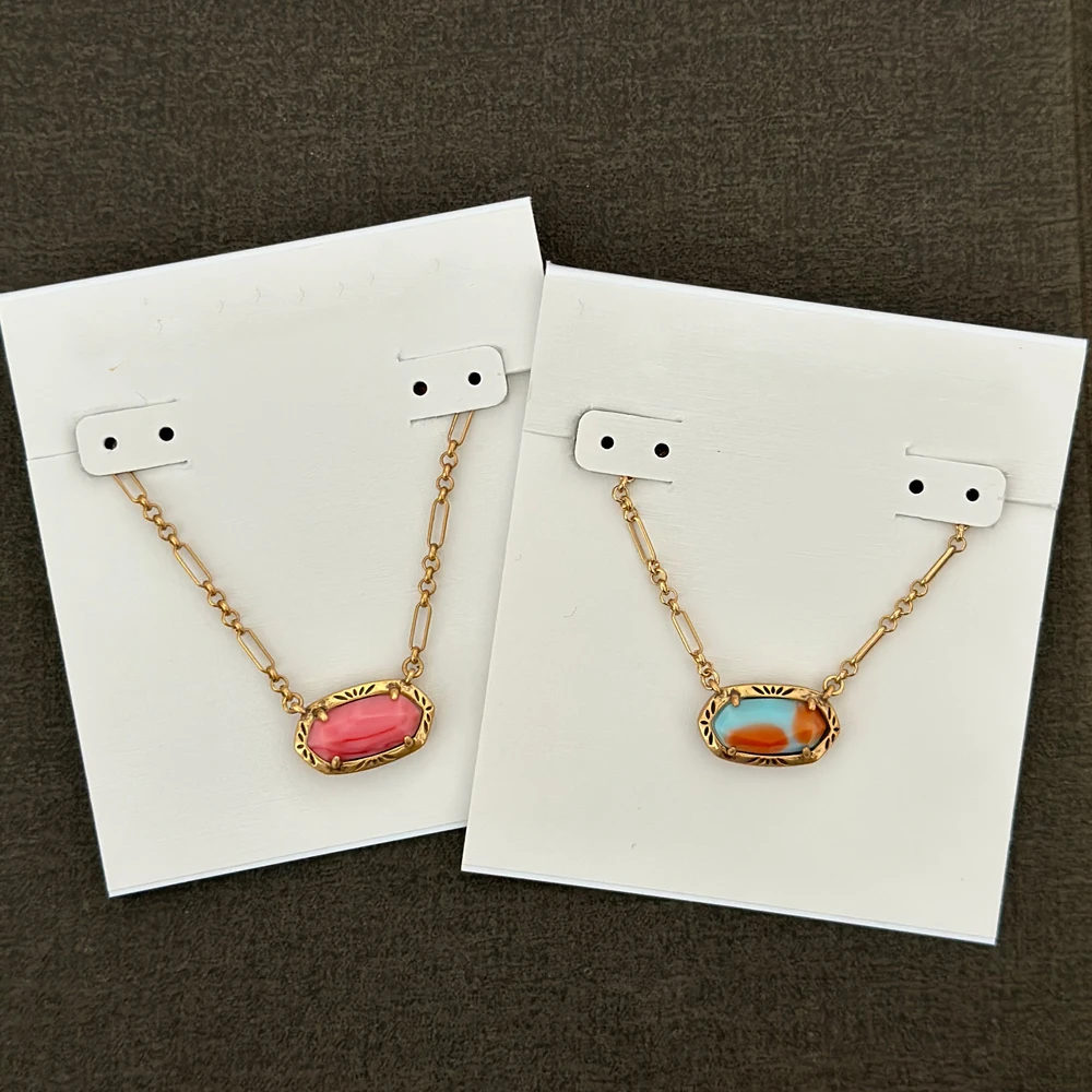 

KS Fashion Jewelry Russian Gold-plate Oval Necklace Unique Ins Style Pink/Blue Resin Rose Pendant Chain for Women