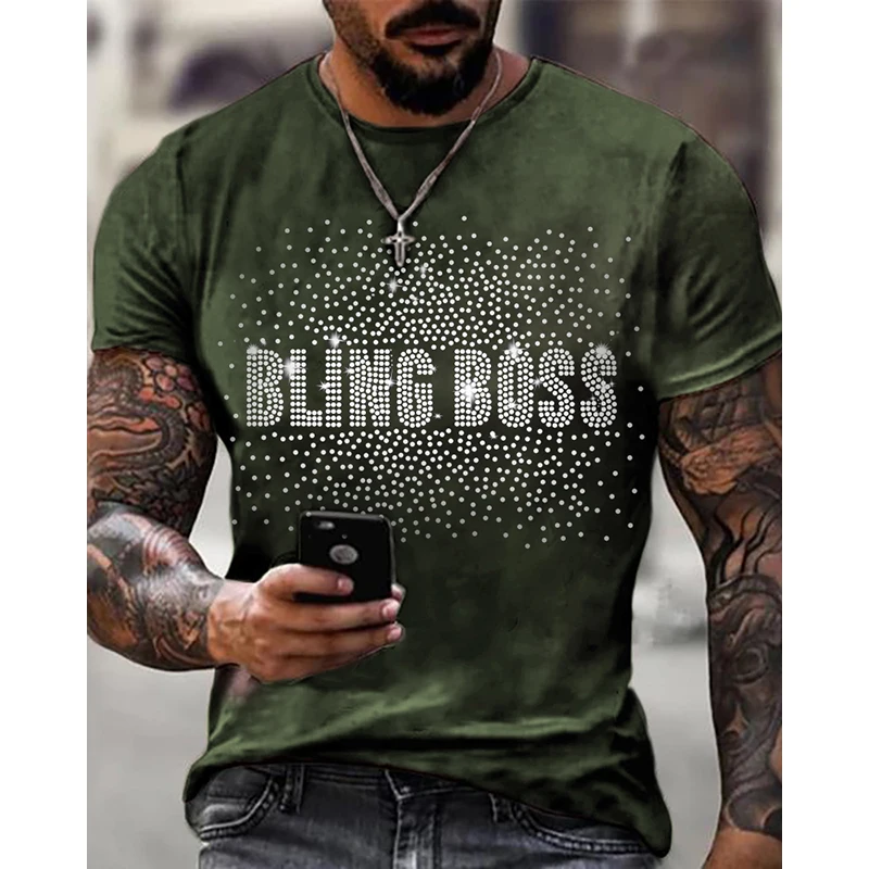 Men\'s Clothing High Quality Fashion Oversized Tee y2k Boss Rhinestone Designer Short Sleeve Top Party Casual Street T-Shirts New