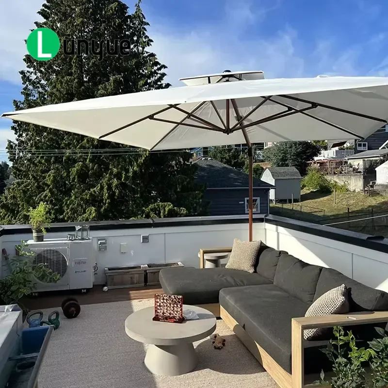 Wood Coated Large Square Double Top Cantilever Patio Umbrella Windproof Heavy Duty Roman Parasol for Outdoor Garden