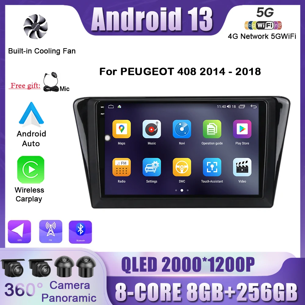 

Car Radio Multimedia Player Navigation GPS For PEUGEOT 408 2014 2015 2016 2017 2018 Android 13 Carplay 4G+Wifi Auto Radio 10.1"