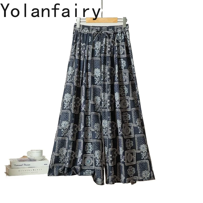 

YOLANFAIRY 70% Mulberry Silk 30% Cotton Pants Woman Fashion Loose Wide Leg Pants Women Trousers Ankle-length High Waist Pants