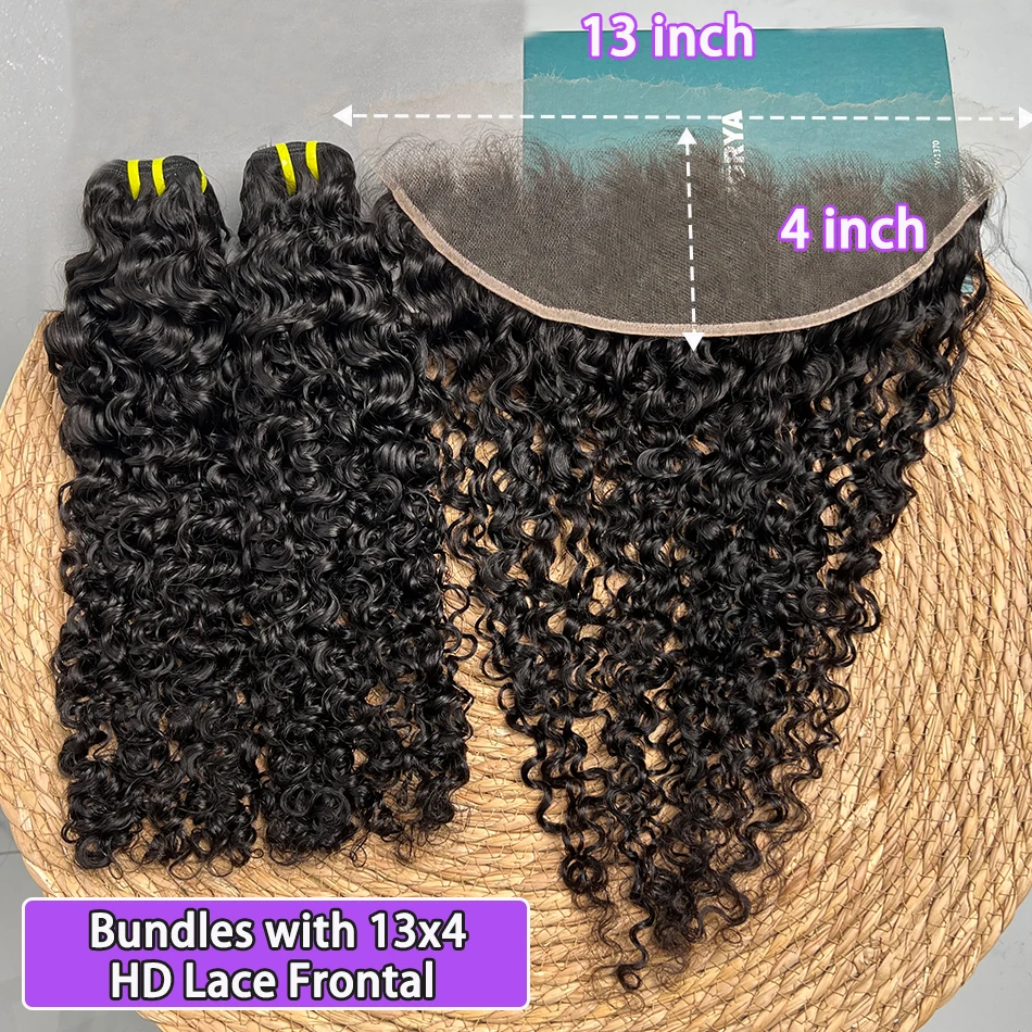 Burmese Curly Bundles With 13x4 HD Transparent Lace Frontal Human Hair Preplucked Lace #1B Natural Color Hair Weave Extensions