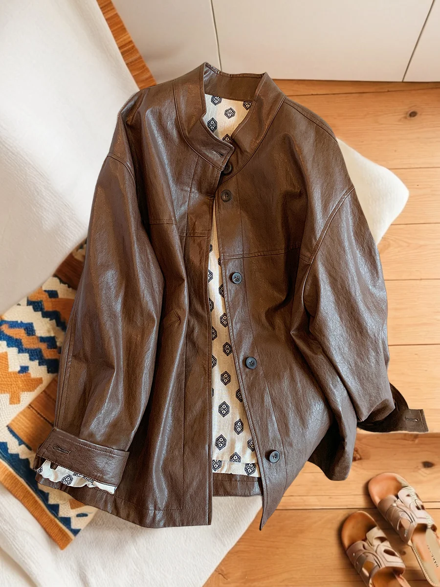 Retro Ce Brown Leather Jaet Casual ex Spring Autumn High Faion Versatile Open Cardigan Sle Women's ort Coat