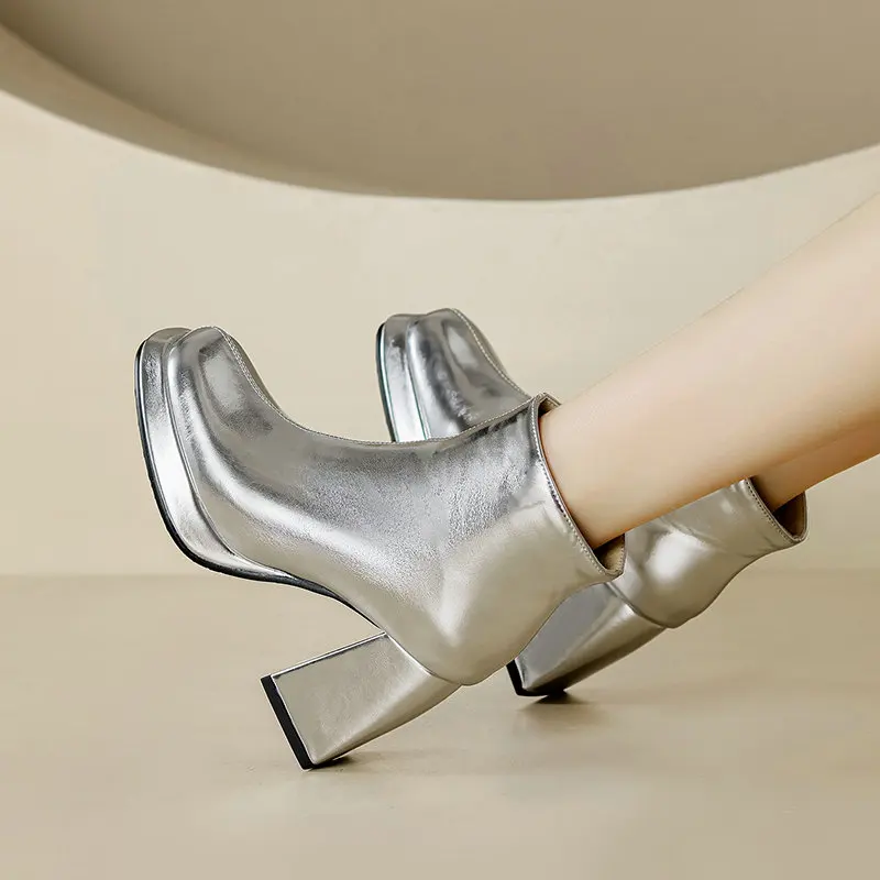 Plus Size 45 46 Patent Letaher Shiny Golden Silver Zip Up Chunky High Heels Ankle Chelsea Boots Platform Women Shoes Winter Boot