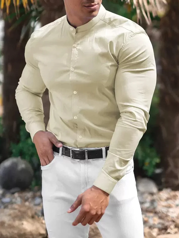 

Slim Fit Long Sleeve Cotton Linen Shirt Stand Collar Muscle Men Hard Han Style Workwear Cardigan Youth Trend Autumn Fashion