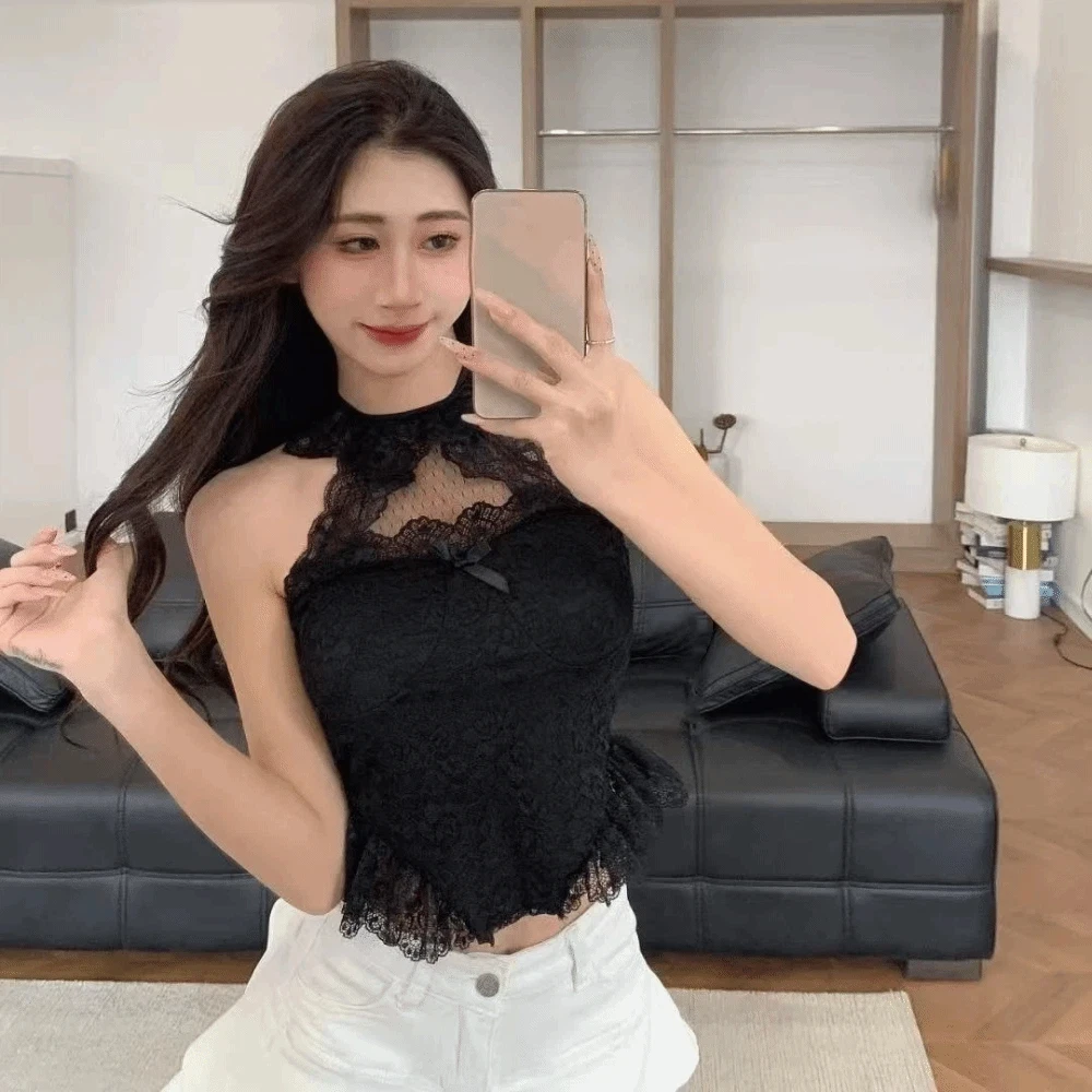 Elegante canotta in pizzo cavo con fiocco trasparente Crop Top Canotte Halter Top Corsetto in pizzo da donna