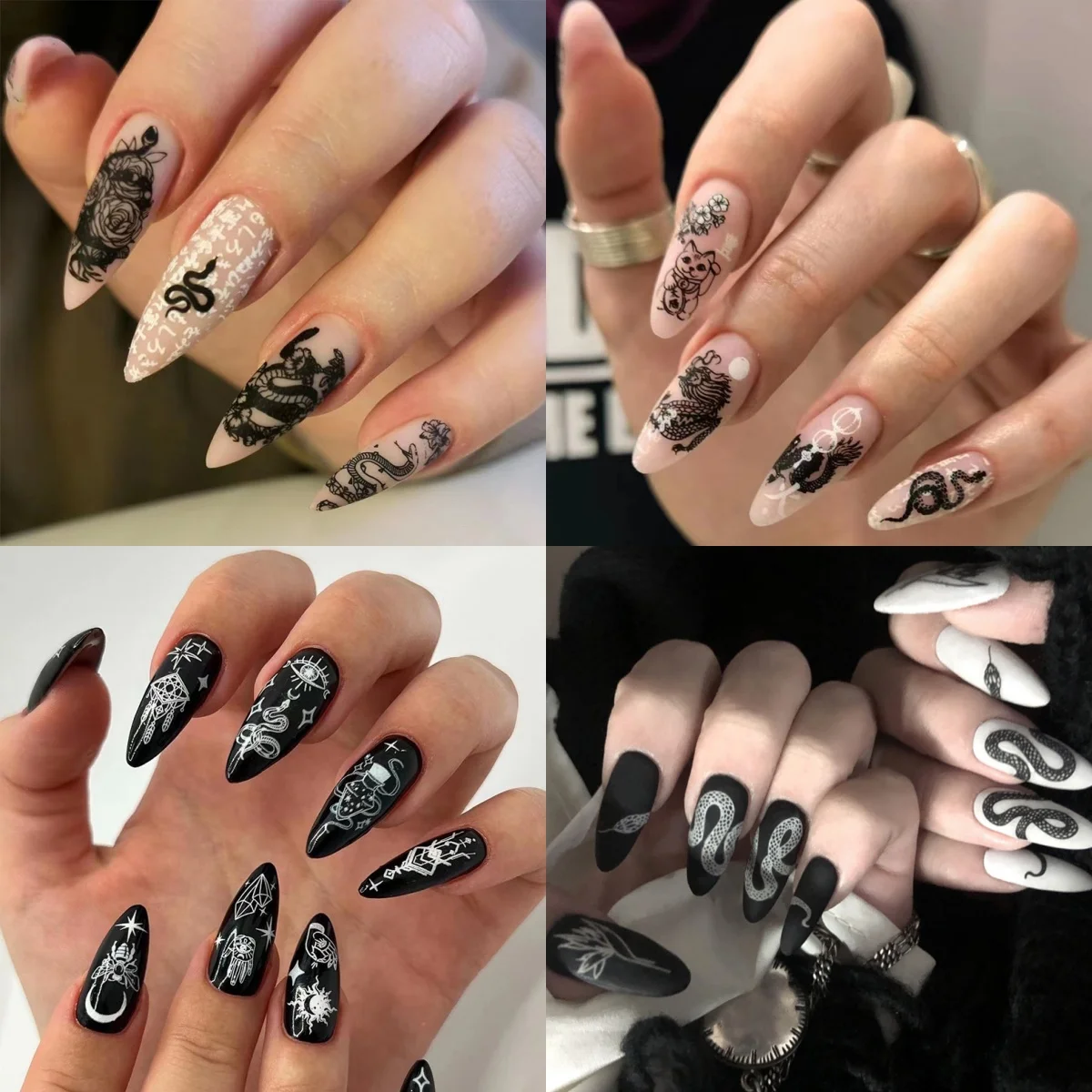 Black White Snake Moon Star Totem Long Pointed Fake Nails Art Stiletto False Nail Punk Y2K Almond Press on Nails Charms Manicure