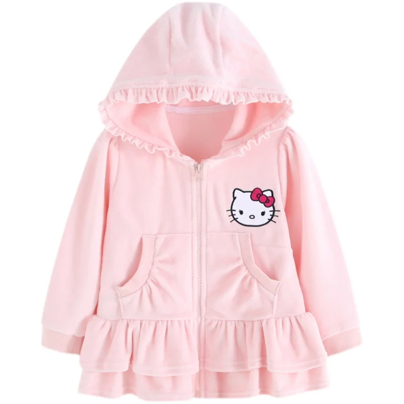 Hello Kitty Dresses Sanrios Anime New Girl Jacket Spring Autumn Model Children Hooded Zipper Shirt Female Baby Velvet Clothes