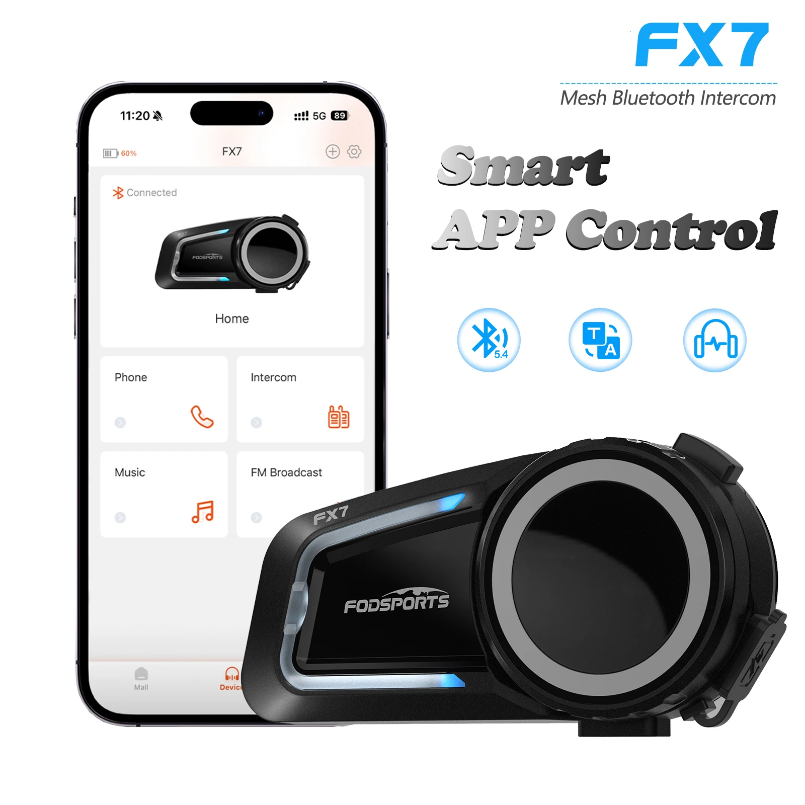 Fodsports FX7 Mesh Intercom Motorcycle Helmet Headsets Dual Bluetooth 5.4 Moto Communicator for 10 Riders 2000m,Music Share,APP