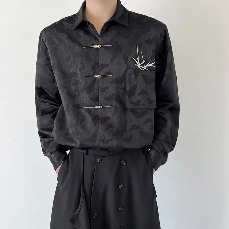 

Fashion Chinese Style Men Shirt Embroidery Metal Buckle Blouse Lapel Long Sleeve Streetwear Men And Women Vintage Tang Shirts