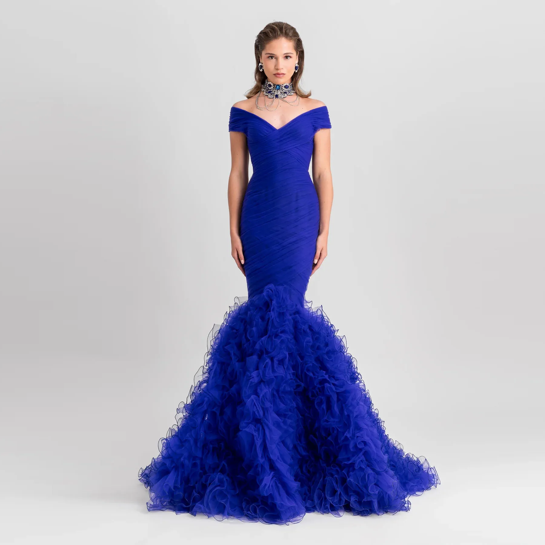 Royal Blue Mermaid Evening Dresses, Ruffles inchado, Fundo aparado, Vintage Long Formal Vestidos de festa, Clássico