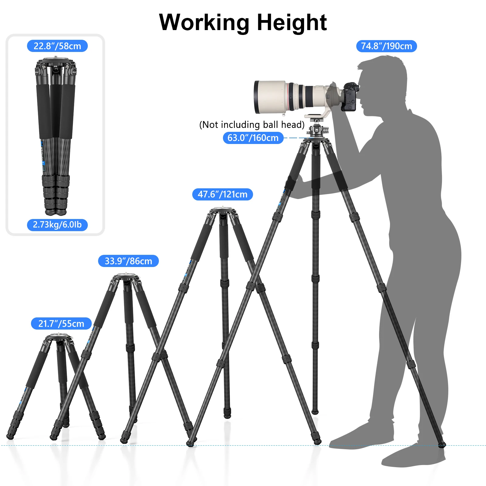 Tripod serat karbon 63 inci, Tripod tugas berat, WEYLLAN NX9 40mm, dudukan kamera profesional dengan adaptor mangkuk beban 40kg