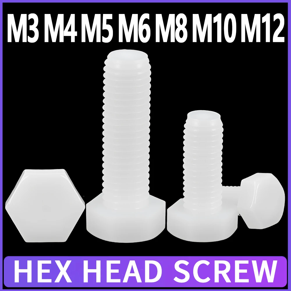 White Nylon External Hex Head Screws Plastic Hexagonal M3 M4 M5 M6 M8 M10 M12 Length 6~200mm for Heat/Electricity Insulation Use