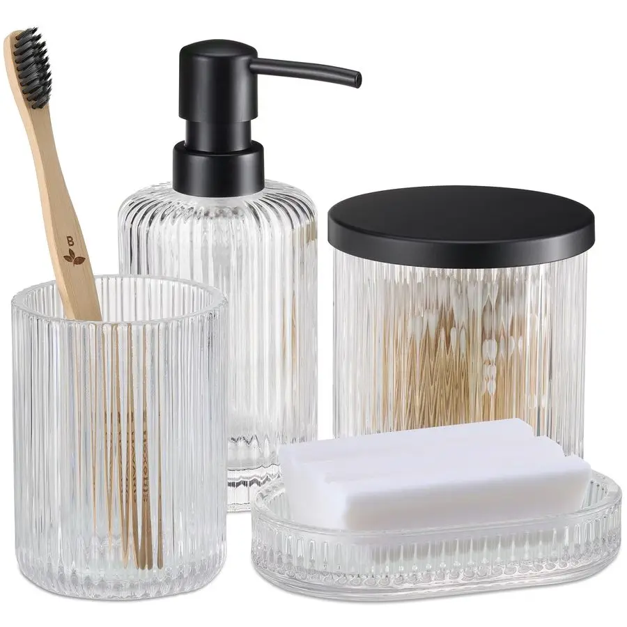 

Glass Bathroom Accessories Set 4 Pieces Includes Soap Dispenser, Toothbrush Tumbler, Soap Dish, Cotton Pad Holder Clear Glass wi
