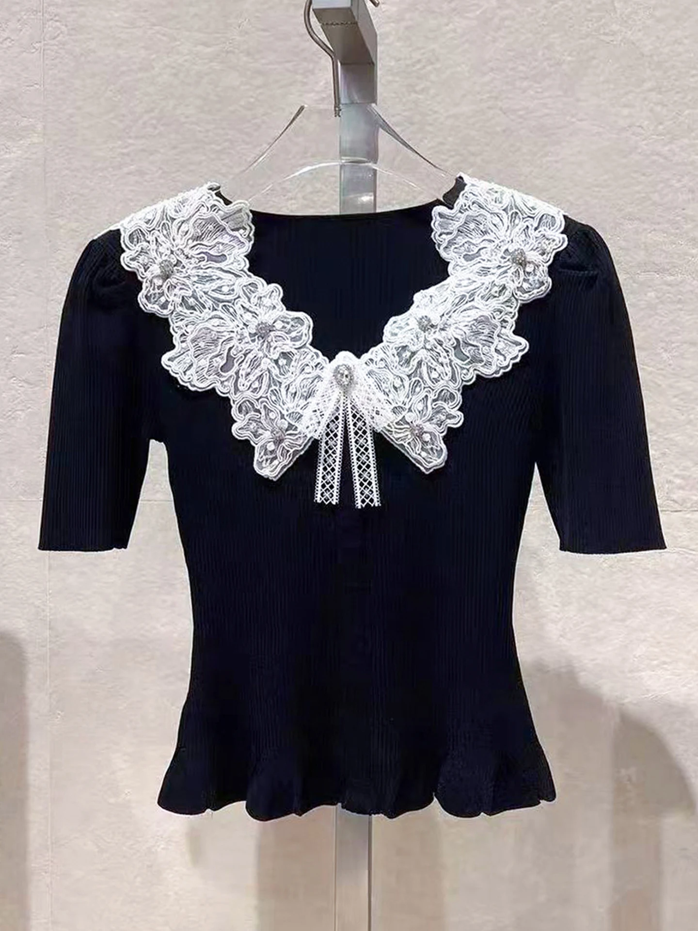 

Вязаный топ с вышитым узлом, женская футболка с модным дизайном, ор Све, круглый пуловер Ne, мягкий, средний размер