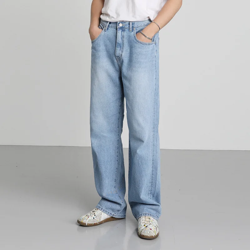 

2025 Korean New Fashion Men's Washed Wide Leg Straight Casual Trendy Blue Jean Trousers Male Denim Pants Streetwear Clothes