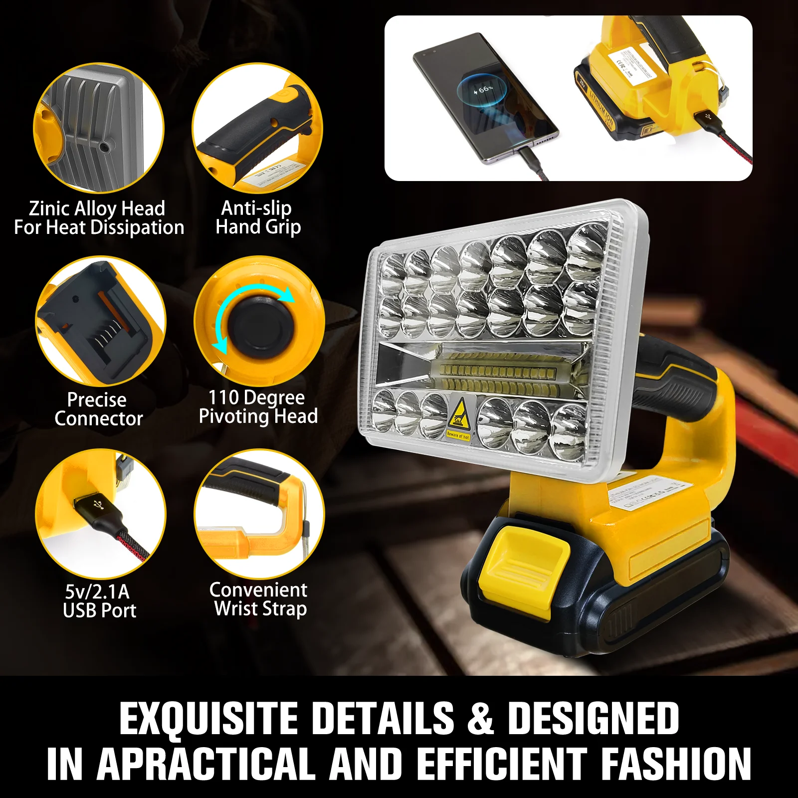 Cordless LED Work light for Dewalt 20V Battery 18W 2000LM LED Flood Light Outdoor Flashlight with USB Port (No Battery)