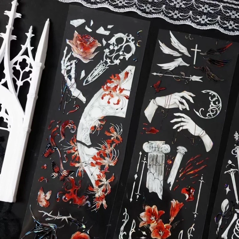 

stock clear Ornate White Skull Flower Shiny PET Tape Decorative Stickers Collage Diy Card Scrapbooking