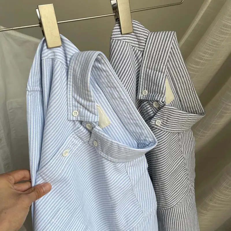Retro Japanese Versatile Wash Striped Shirt Oxford Spinning Men and Women Casual Long-sleeved Shirt Clothes