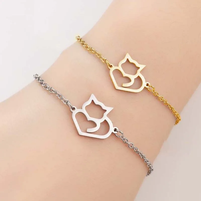 

2025 stainless steel cute long tail love cat bracelet female animal pet couple hand jewelry valentine's day Jewelry gifts