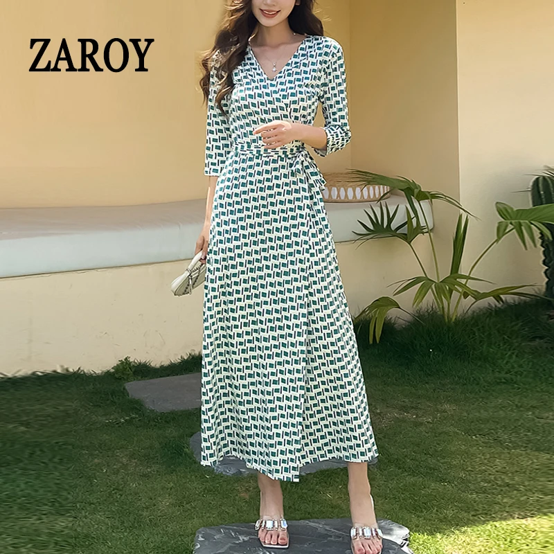 

ZAROY Women's Long Dresses Summer Half Sleeve Sexy V Neck Belted-up Wrap Maxi Dress French Retro Green Print Party Beach Dress