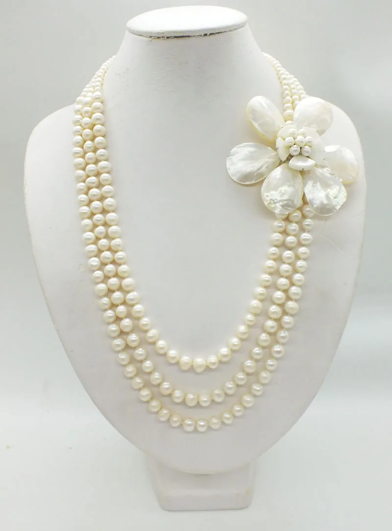 

Classic fashion! 3 rows Natural white freshwater pearl flower necklace. Latest design, bridal wedding necklace jewelry