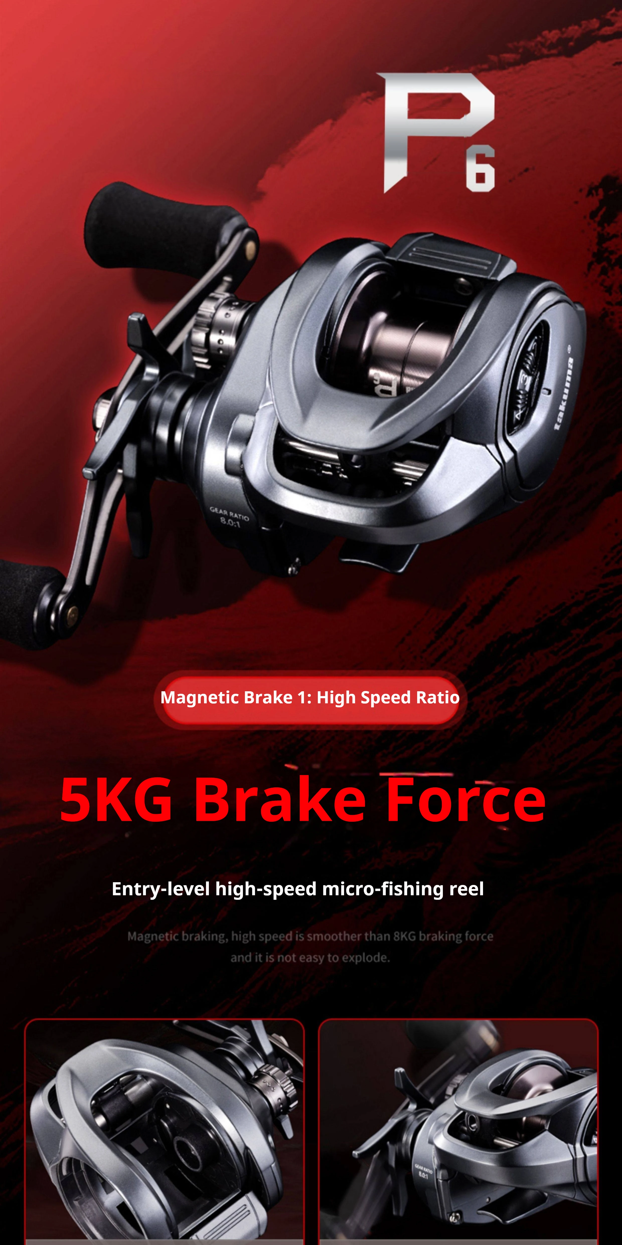8.0:1 Baitcasting-Rolle 6+1BB Magnetbremse 5kg Bremskraft 5-20g Köder Süßwasser-Barsch-Angelrolle – Detail 1