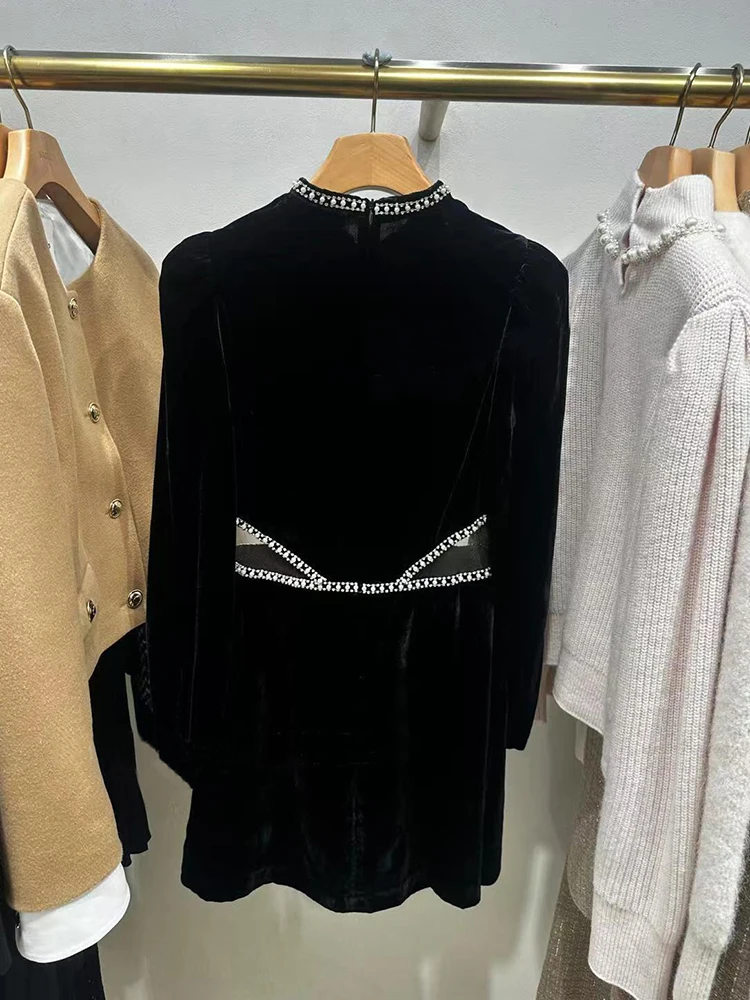 High-End Velvet Dr Hepburn Sle Long Sve High Waist A-Line Silken Velvet Winter Dr for Women Ele Faionable