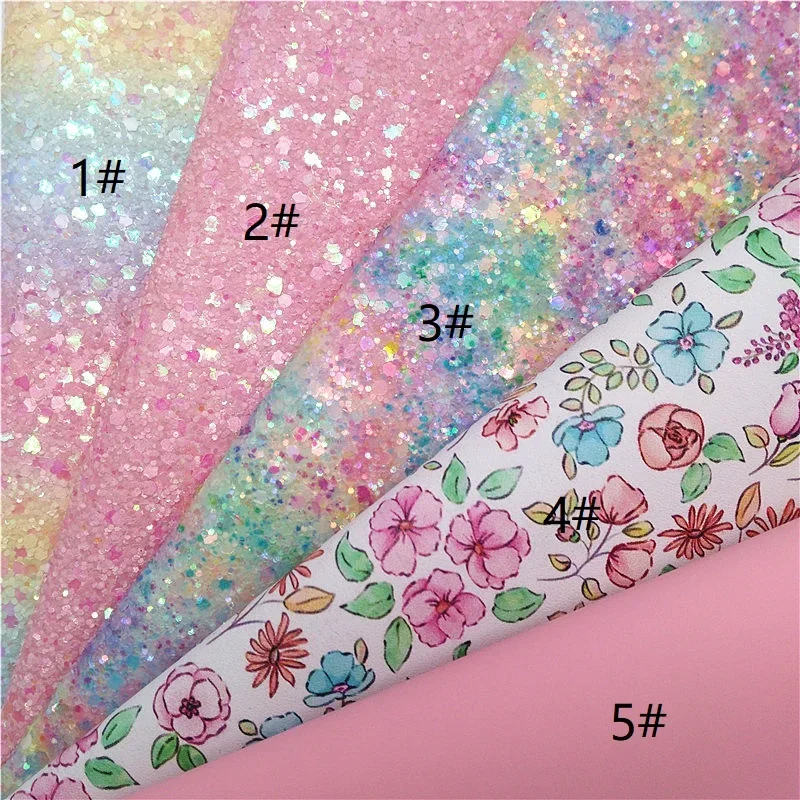 Pink Suede Glitter Leather Sheets Felt Backing Flowers printed Glitter Faux leather For Bows Earrings DIY 21X29CM 30x134cm W725