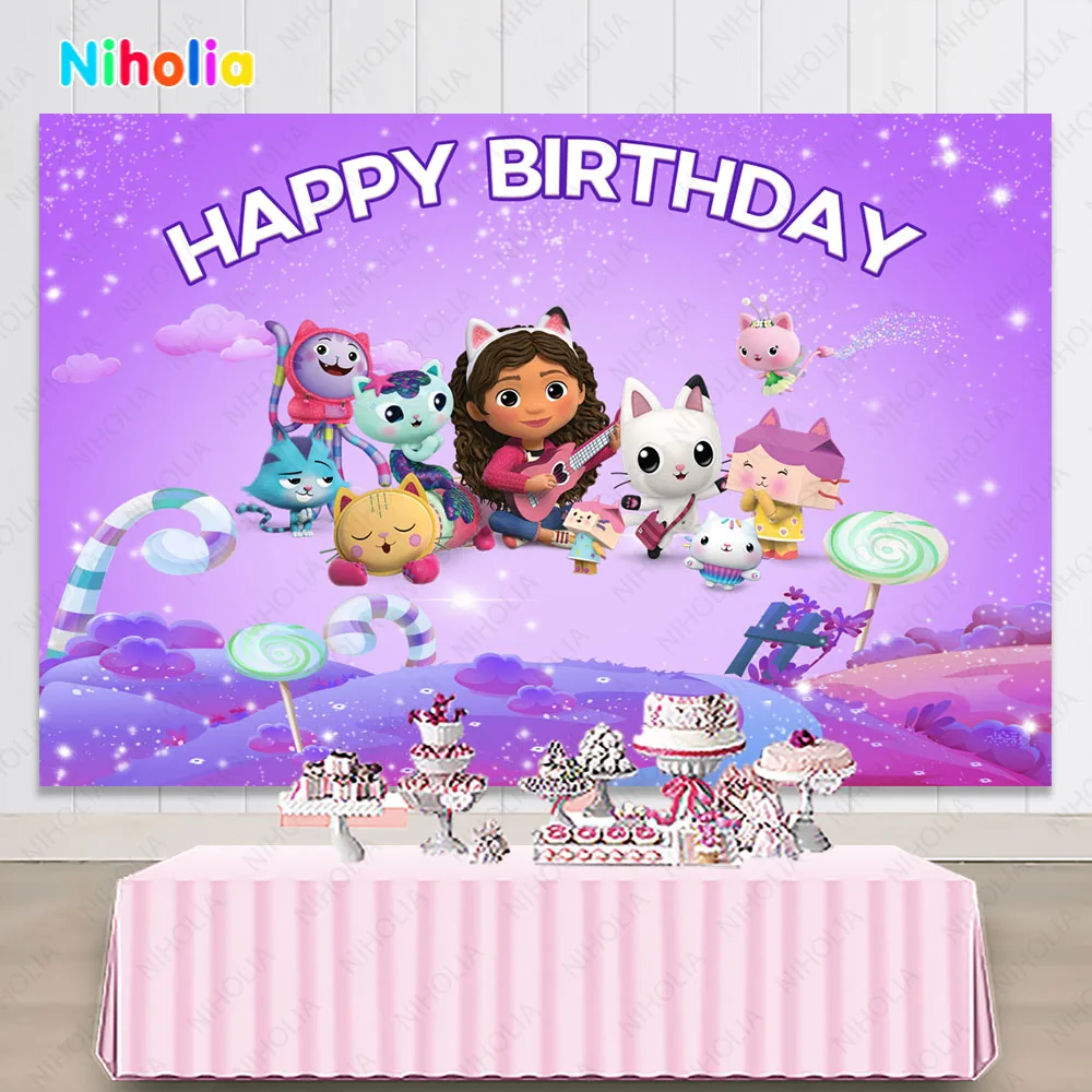 NIHOLIA Gabbys Puppenhaus Mädchen Glücklich Geburtstag Party Foto Hintergrund Cakey Katze Fotografie Hintergrund Vinyl Polyester Banner