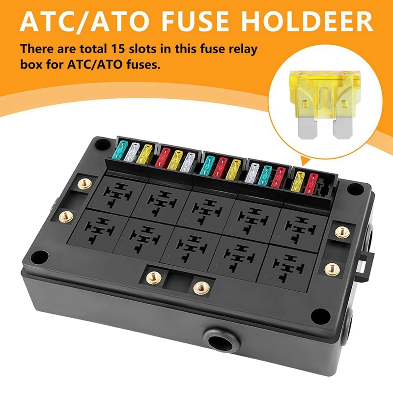 2X 12V Automotive Fuse Relay Box Universal Block For Car, Truck - 10 Slot Style Relay Holder,15 Slot ATC/ATO Fuse Holder